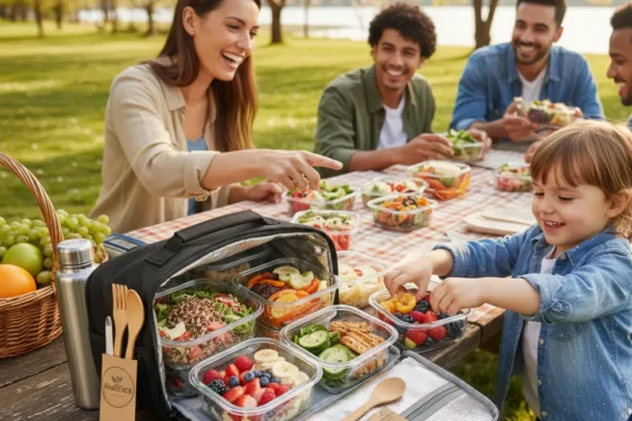 Piquenique com comida para viagem saudável, frutas e saladas em um parque.