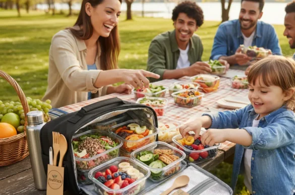 Piquenique com comida para viagem saudável, frutas e saladas em um parque.