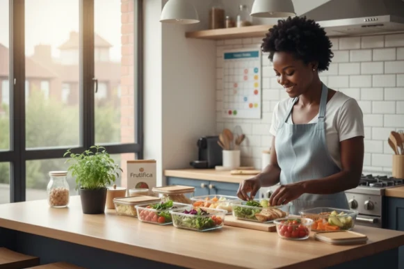 Planejamento alimentar: mulher sorridente organiza marmitas saudáveis em cozinha moderna.