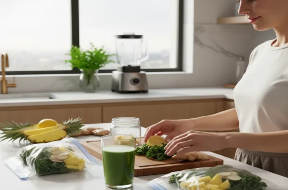 Deliciosos sucos detox em copos transparentes, preparados com ingredientes frescos como couve, abacaxi, limão e gengibre, refletindo saúde e vitalidade.
